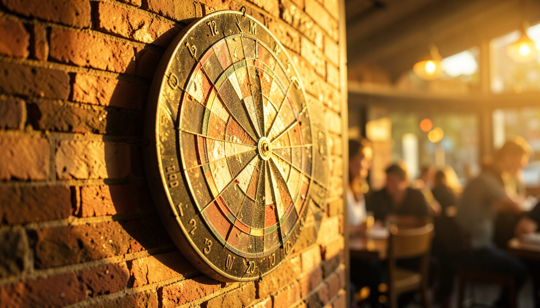A warm golden-hour photograph of a dartboard mounted on a weathered brick wall, soft sunlight casting long shadows across the board, with a relaxed pub atmosphere in the blurred background